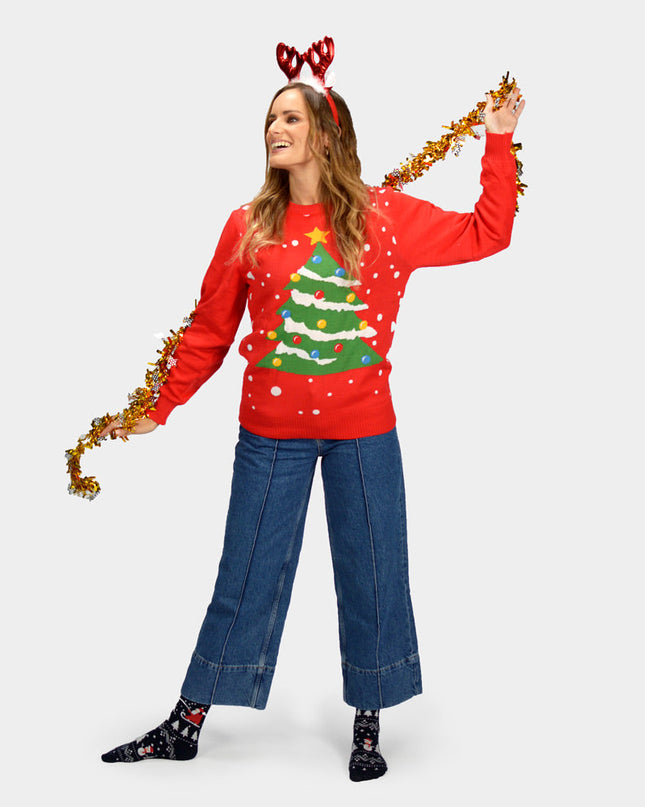 Women's Red Christmas Sweater featuring a Christmas Tree