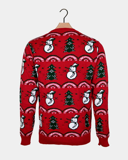 Couple's Christmas Sweater Red with Trees and Snowmen
