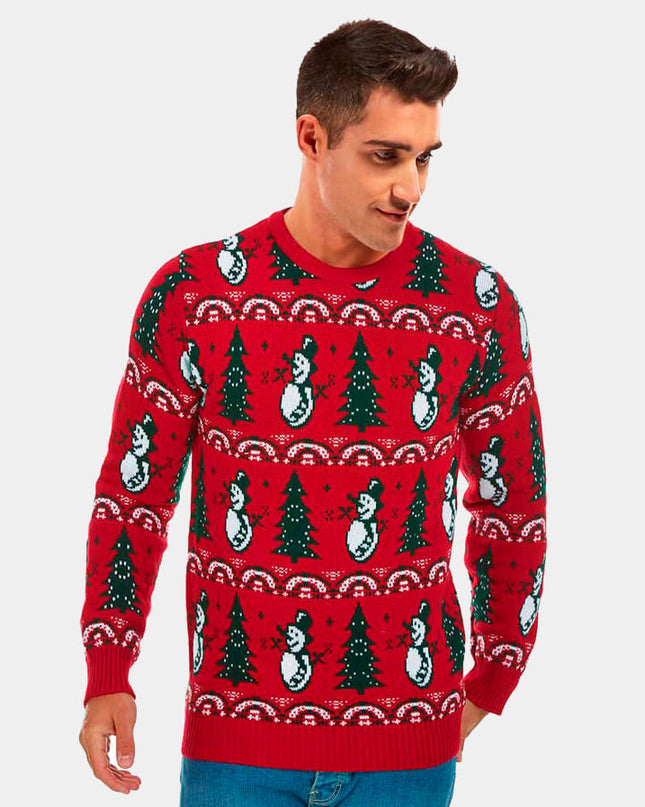 Christmas Sweater for Men Red with Christmas Trees and Snowmen