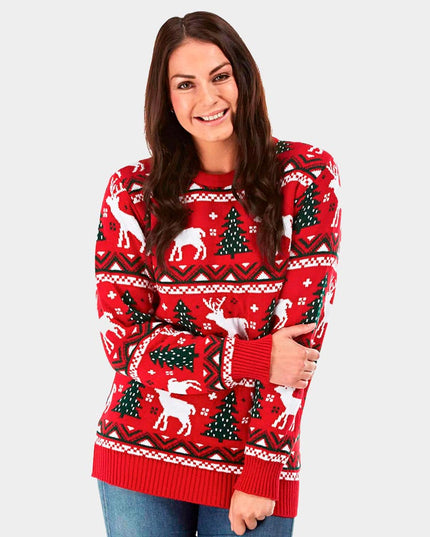 Red Christmas Sweater with Trees and Reindeer 2023
