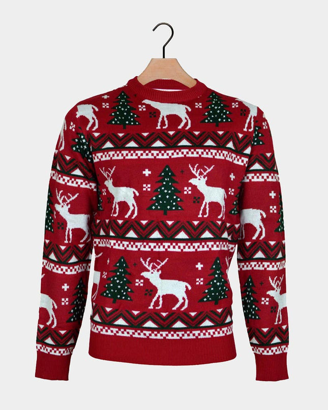 Red Couples Christmas Sweater with Christmas Trees and Reindeer