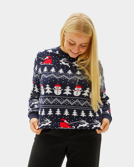 Women's Blue Christmas Sweater with Trees, Snowmen, and Santa