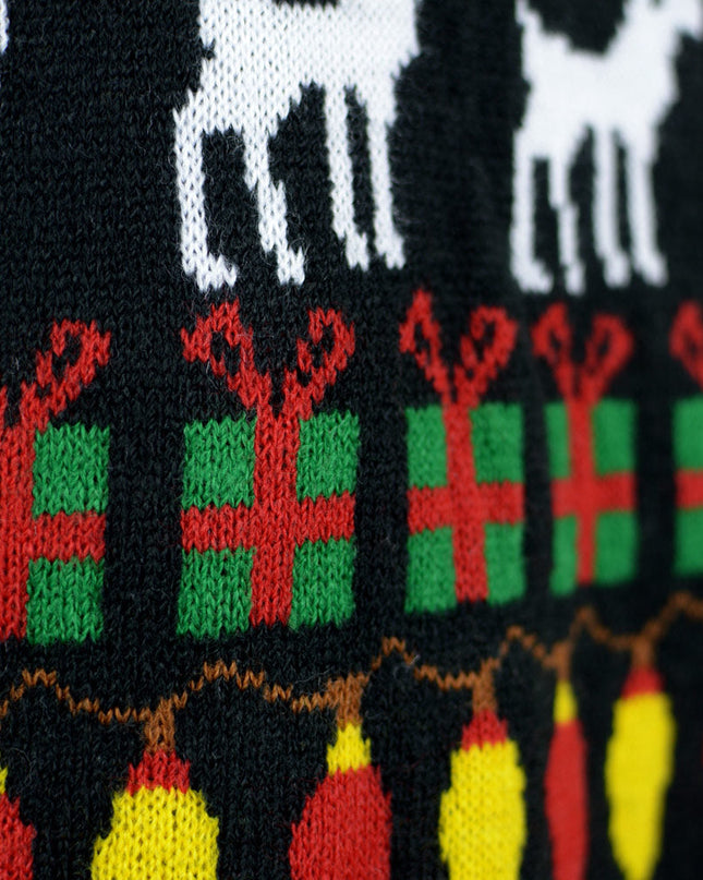 Women's Black Sweater with Trees, Reindeer, and Gifts