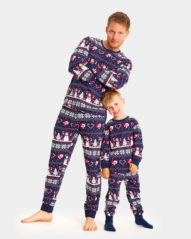 Unisex Adult Christmas Pajamas Blue with Snowmen and Hearts