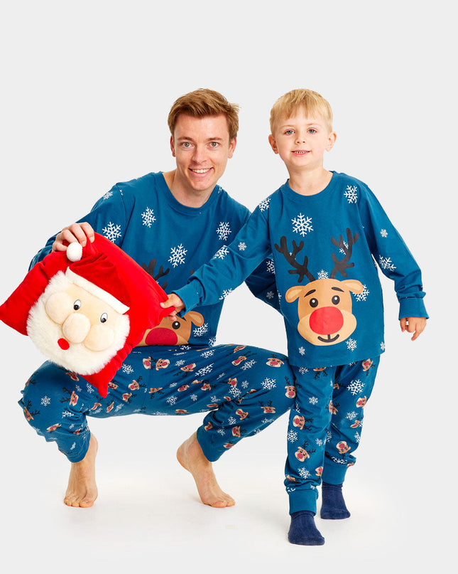 Kids Blue Christmas Pajamas with Rudolph