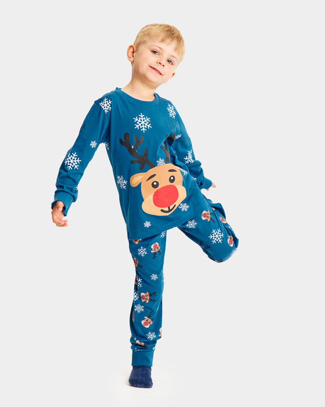 Kids Blue Christmas Pajamas with Rudolph