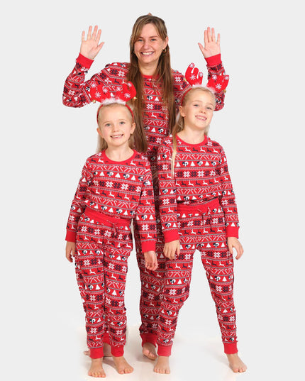 Red Christmas Pajamas for Kids with Reindeer and Trees