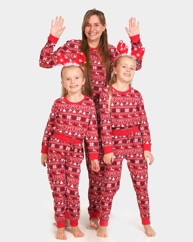 Red Christmas Pajamas for Kids with Reindeer and Trees