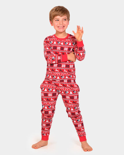 Kids Red Christmas Pajamas with Reindeer and Trees