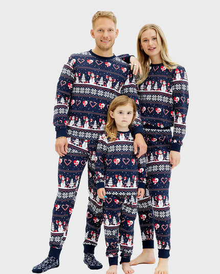 Family Blue Christmas Pajama with Snowmen and Hearts
