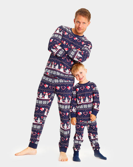 Family Blue Christmas Pajamas with Snowmen and Hearts