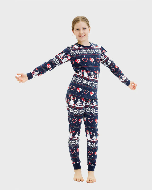 Family Blue Christmas Pajamas with Snowmen and Hearts