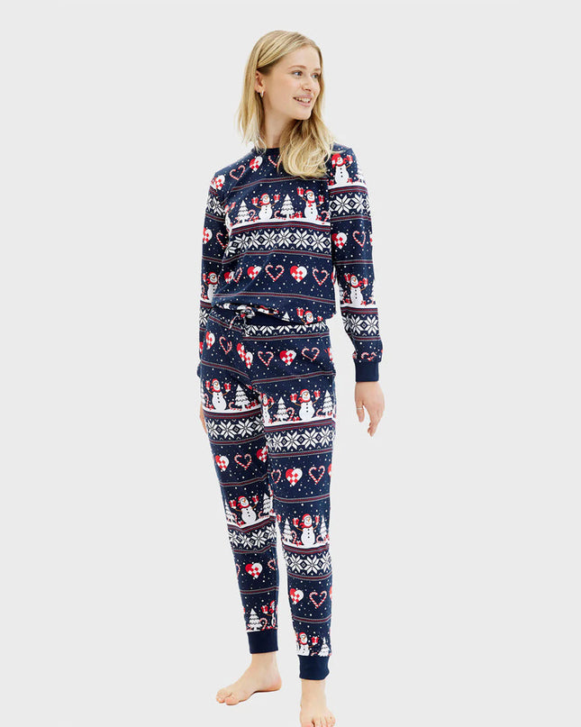 Unisex Adult Christmas Pajamas Blue with Snowmen and Hearts