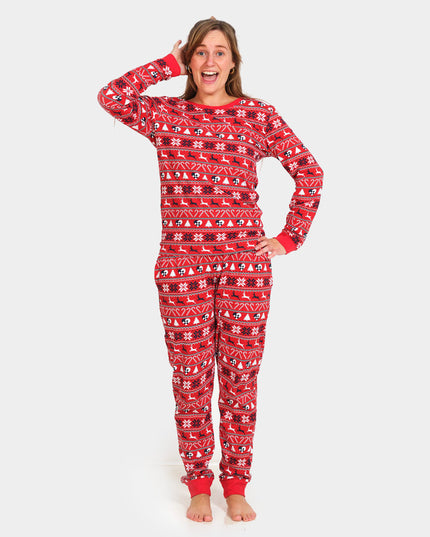 Red Unisex Christmas Pajamas for Adults with Reindeer and Trees