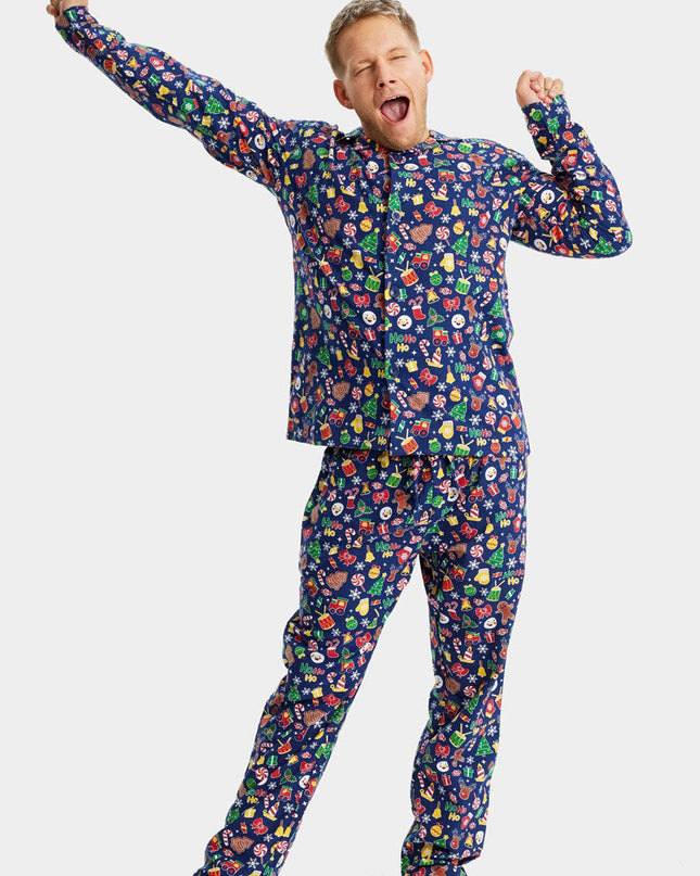 Unisex Blue Christmas Pajamas with Holiday Patterns