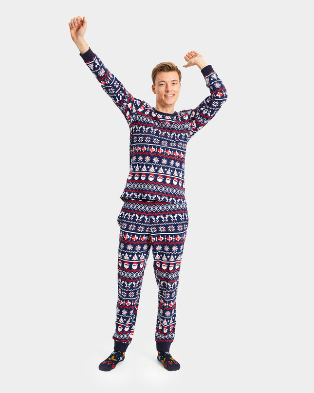 Unisex Blue Christmas Pajamas with Santa and Trees