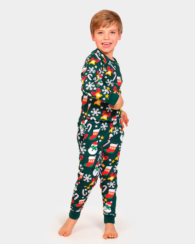 Kids Green Christmas Pajamas with Holiday Patterns