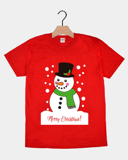 Red Christmas T-Shirt for Family with Snowman Design