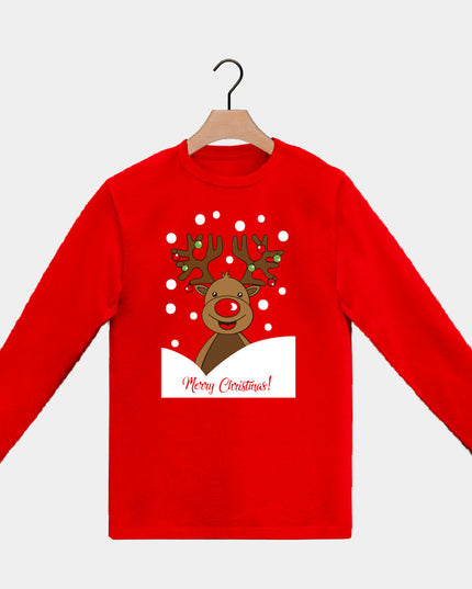 Red Long Sleeve Christmas T-Shirt for Men and Women with Reindeer