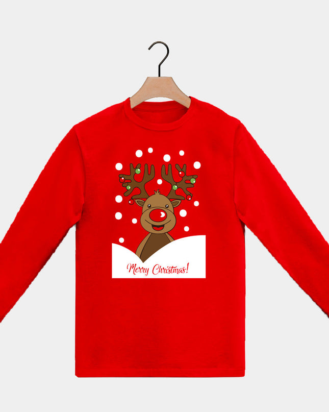 Red Long Sleeve Christmas T-Shirt for Men and Women with Reindeer