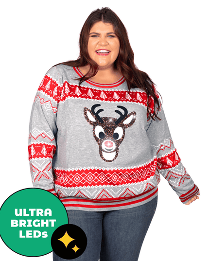 Kvinders Paillet Rudolph Lysende Plus Size Grim Jule Sweater