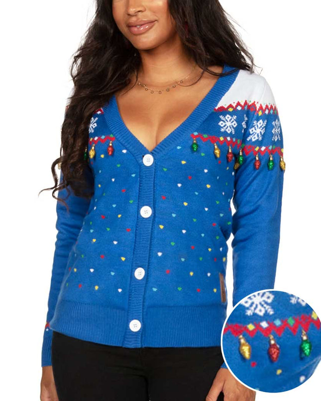 Women's Blue Christmas Lights Cardigan Sweater