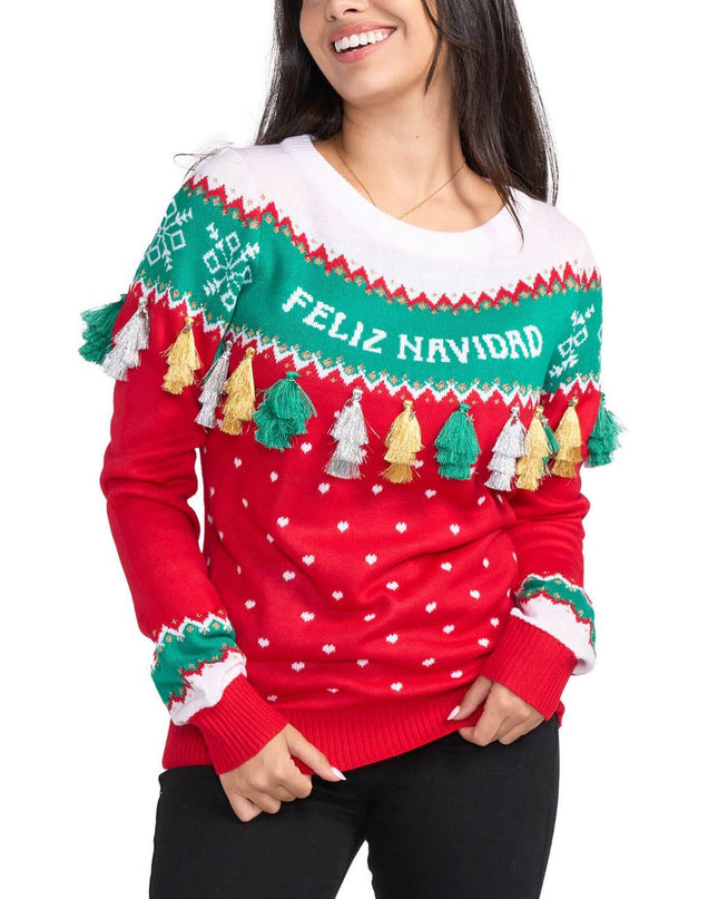 Kvinders Feliz Navidad Frynse Grimasse Jule Sweater