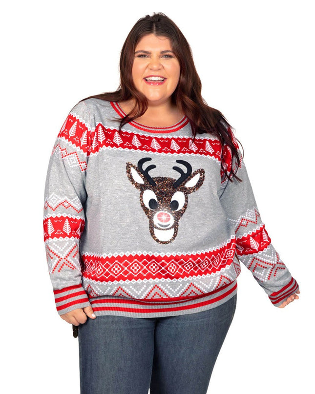Kvinders Paillet Rudolph Lysende Plus Size Grim Jule Sweater