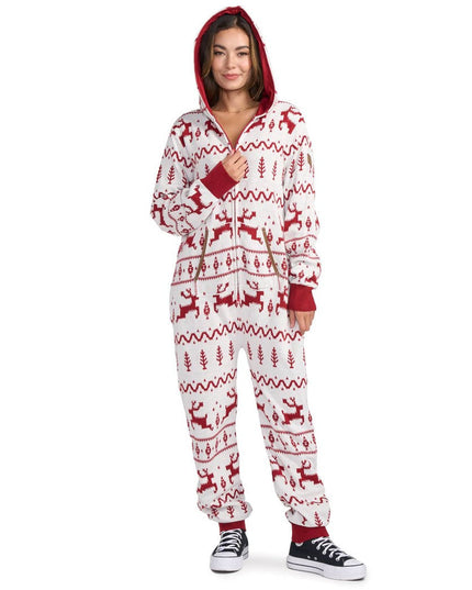 Women's Red and White Fair Isle Knit Jumpsuit
